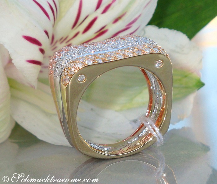 Dreier-Ring aus Weiß-, Rosé- & Gelbgold mit Diamanten, Detailaufnahme