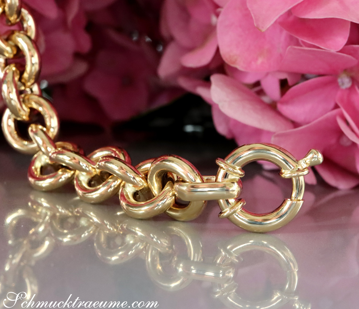 Goldene Gliederkette in Gelbgold 585 mit glänzenden Ringen, Detailaufnahme auf glänzender Oberfläche