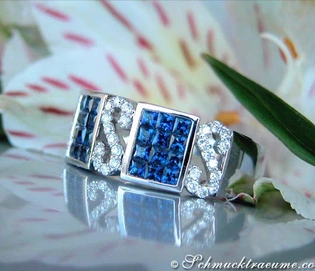 Saphir-Ring mit Brillanten in Weißgold 585, elegantes Design mit blauen Steinen und Diamanten