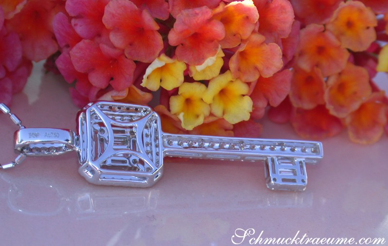 Erstklassiger Brillanten Schlüssel Anhänger mit Baguette Diamanten auf Blumenhintergrund