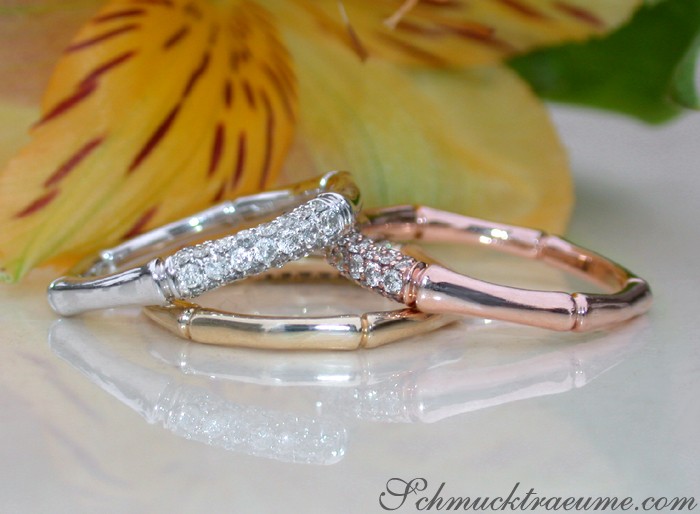Diamantring im Bambus-Design aus Weiß-, Gelb- & Roségold 585, Detailaufnahme
