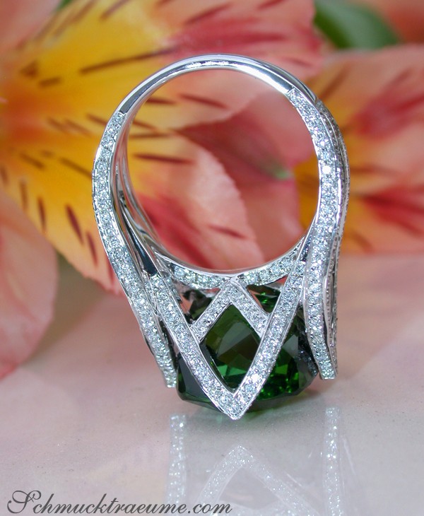 Turmalin-Ring mit Brillanten, Detailaufnahme, Weißgold 750, exotische Blume im Hintergrund