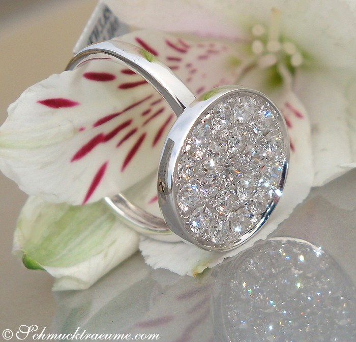 Weiße Diamantring mit TW SI in 585 Weißgold, Detailaufnahme mit Blume im Hintergrund.