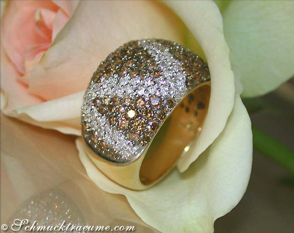 Goldener Zick-Zack-Ring mit naturbraunen und weißen Brillanten auf Rosenblüte.