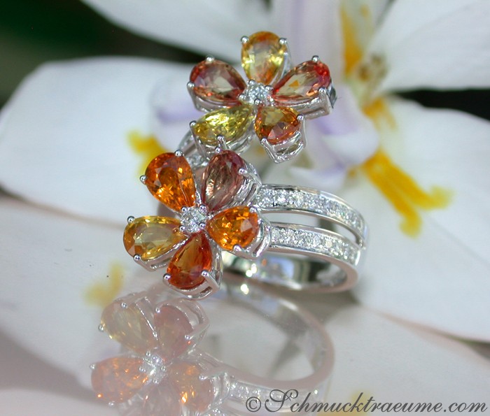 Prächtiger Doppel Blumen Ring mit Saphiren & Brillanten - Image 5