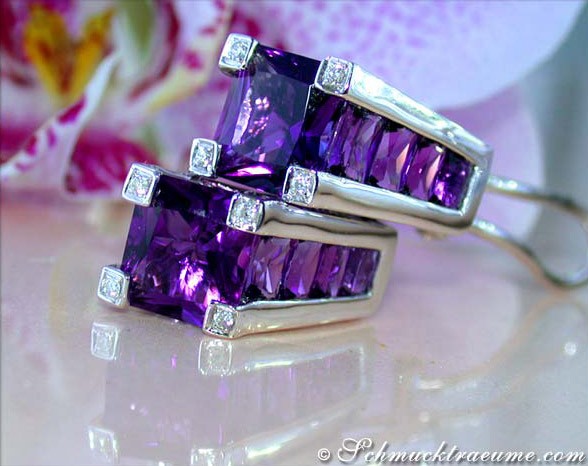 Interessante Amethyst Ohrstecker mit Diamanten - puristische Ohrschmuckstücke aus Weißgold 585