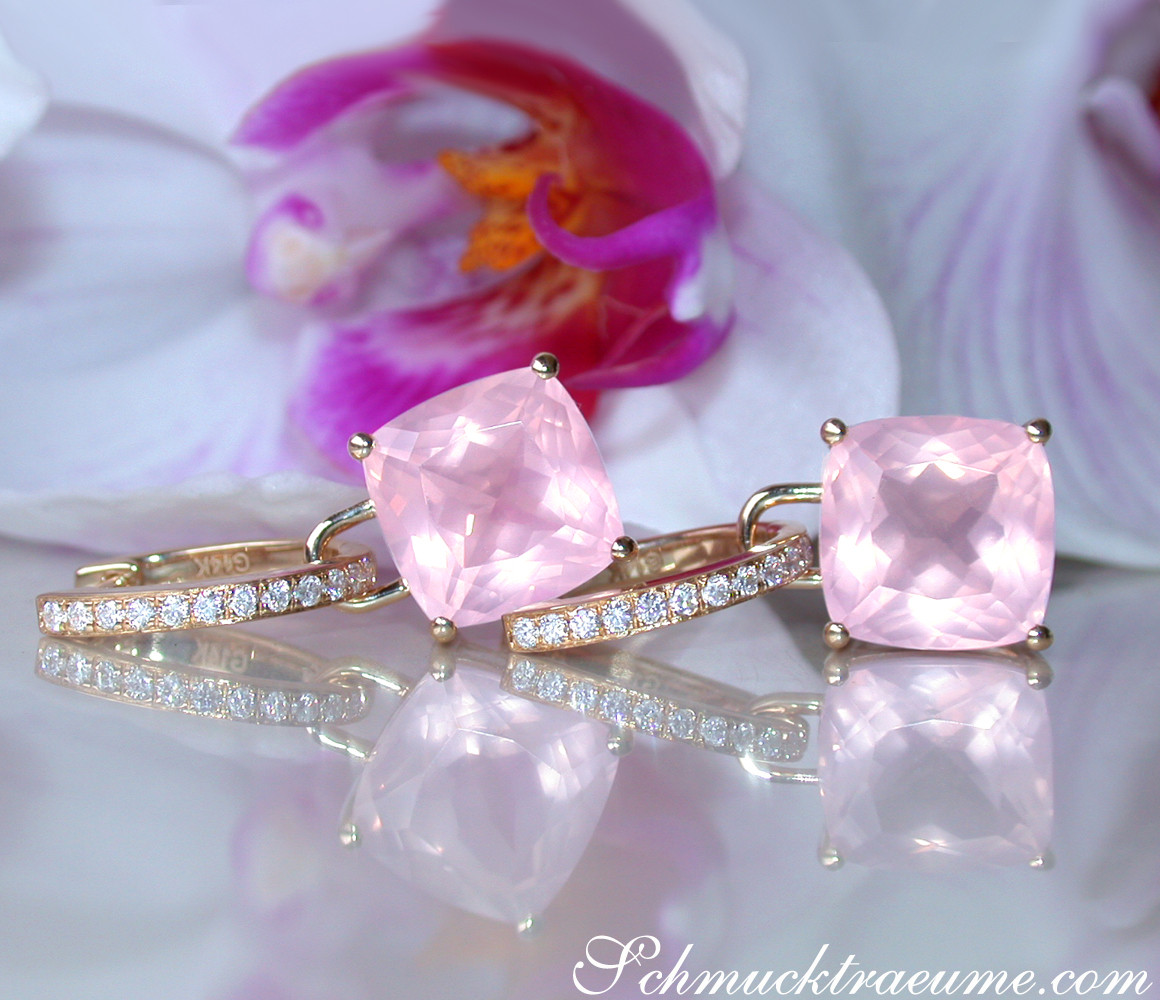 Rosenquarz-Kissen-Ohrhänger aus Gelbgold 585 mit Diamanten