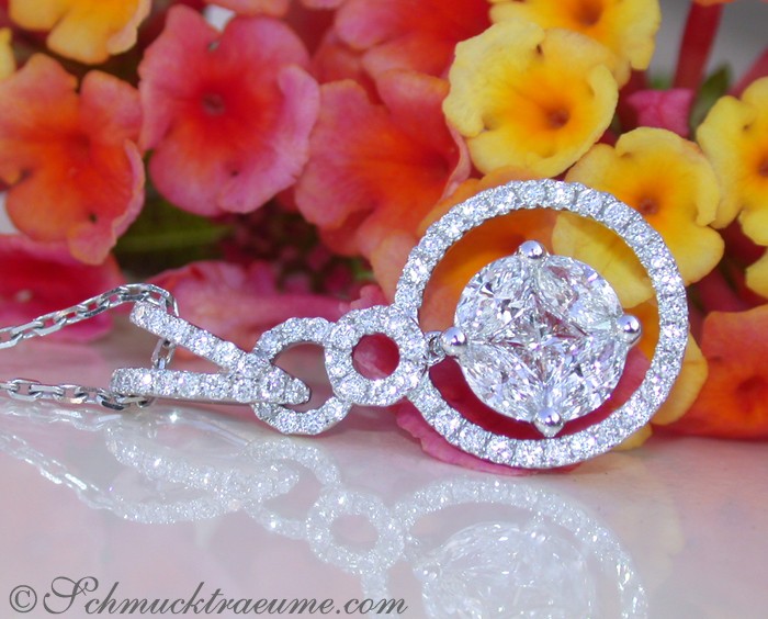 Illusion-Diamantanhänger mit Princess & Marquise in Weißgold, detailreich, auf Blumenhintergrund.