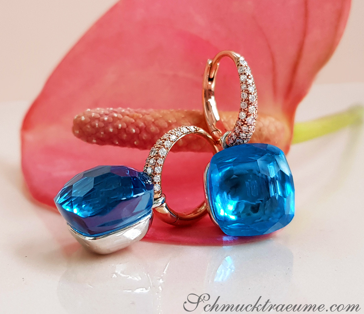 Blautopas-Ohrhänger mit Diamanten, roségoldene Halterung, Detailaufnahme
