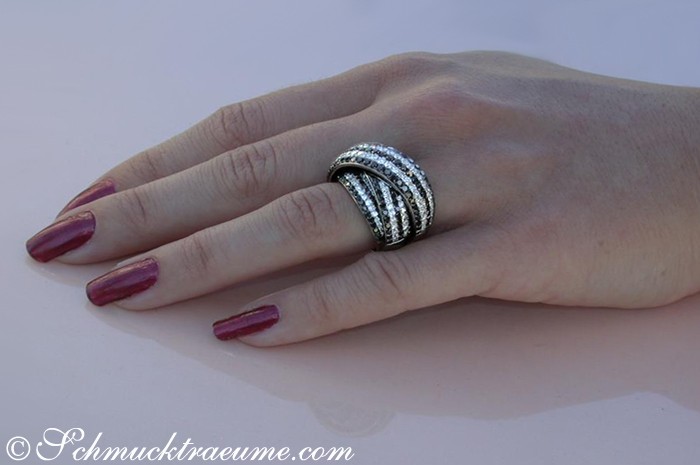 Schwarzer Diamant-Ring mit 3.730 Karat, Detailaufnahme auf weißem Hintergrund