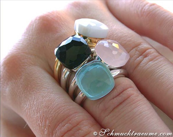 Feiner Zitronenquarz-Ring, Gelbgold 750, mehrere Steine in verschiedenen Farben, handgeschöpft