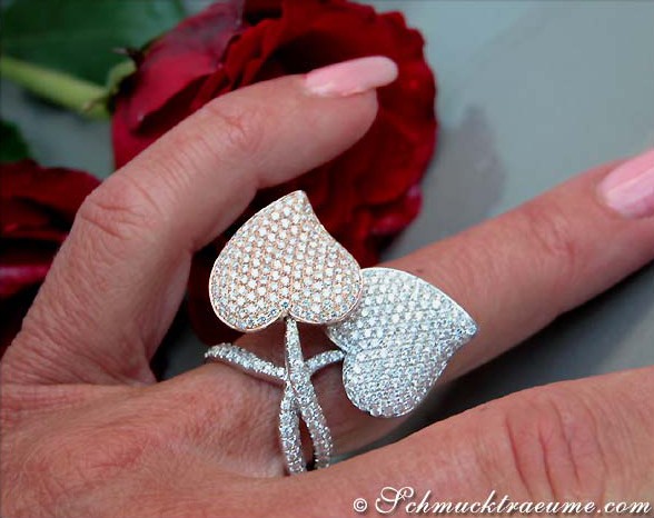 Exklusiver Doppelherz-Ring mit Diamanten, 750er Weißgold & Roségold