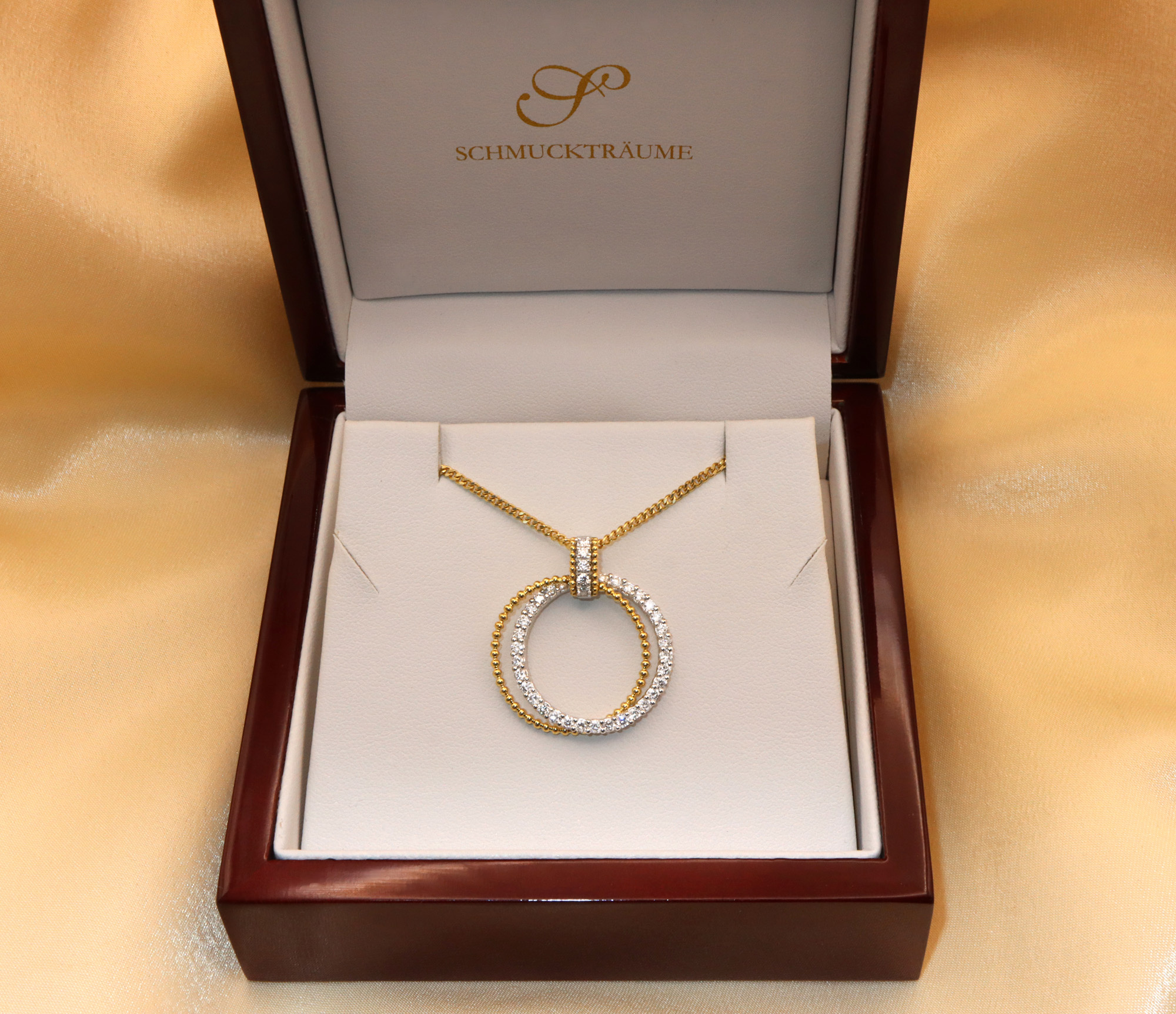 Gelbgold- & Weißgold 750 Kreisanhänger mit Brillanten in Box