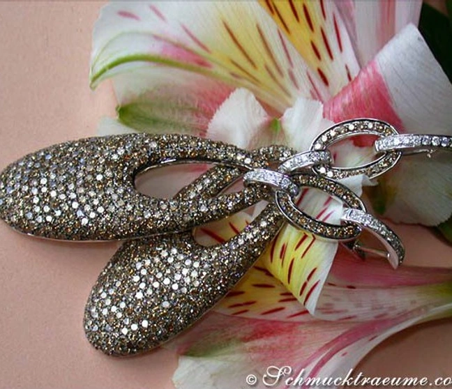 Ohrgehänge aus Weißgold 750 mit braunen und weißen Brillanten, Detailaufnahme, Blume im Hintergrund Ohrgehänge aus Weißgold 750 mit braunen und weißen Brillanten, Detailaufnahme, Blume im Hintergrund