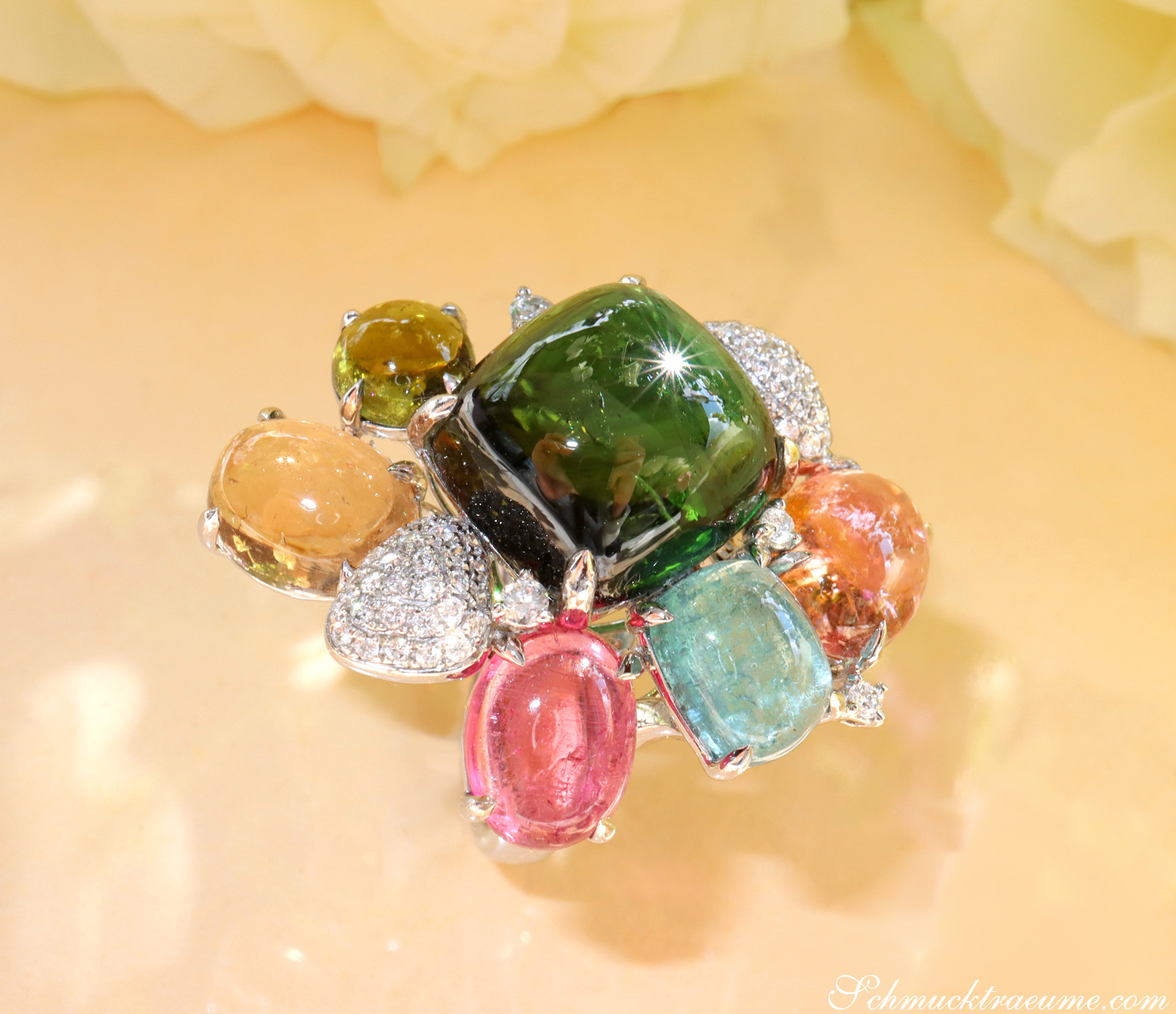 Multicolor Turmalin Ring mit Brillanten, detailreich, Weißgold 750, Farbenfroh