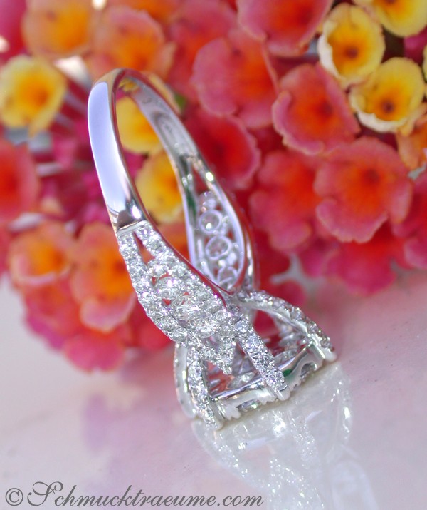 Detail des Diamant-Solitär-Rings mit raffinem Design auf Blumenhintergrund