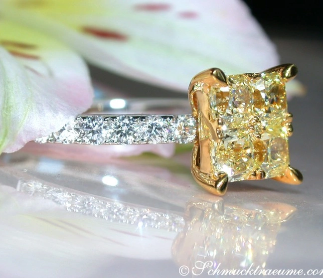 Goldener Diamant-Ring im Carré-Design mit Brillanten, detailreich, elegant, auf Blüte platziert Goldener Diamant-Ring im Carré-Design mit Brillanten, detailreich, elegant, auf Blüte platziert