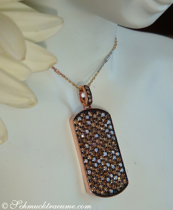 Goldener Dog-Tag-Anhänger mit braunen Brillanten auf weißem Hintergrund