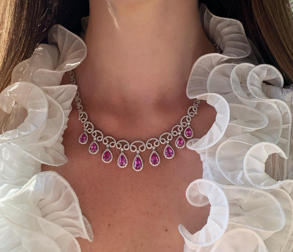 Luxuriöses Pink Saphir Collier mit Brillanten in Weißgold 750