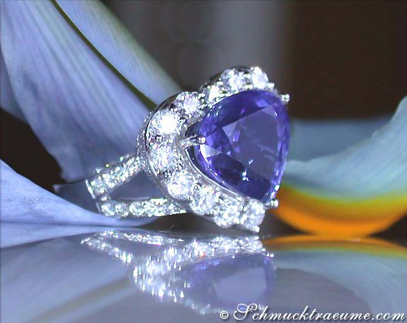 Traumhafter Tansanit-Ring mit 60 Brillanten im Herz-Design aus Weißgold 750