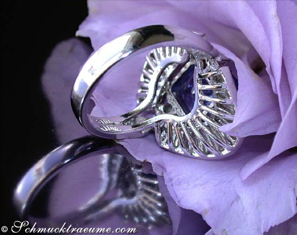 Silberner Tansanit-Ring mit Diamanten auf lila Rose