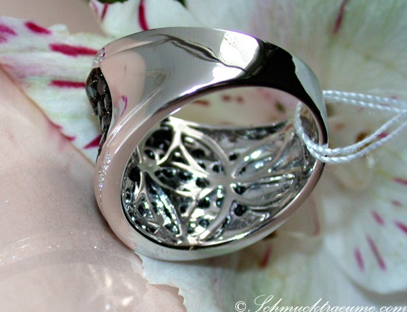 Schwarz-diamantener Ring mit verziertem Innenring, auf Blüte gelegt.