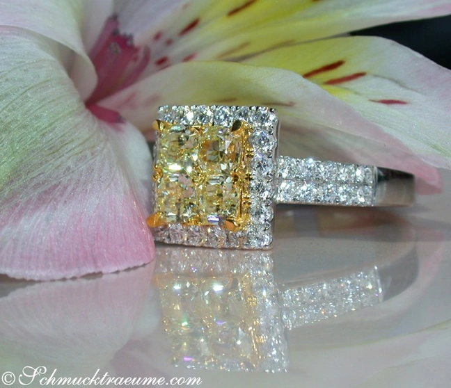 Gelber Diamanten-Ring mit Brillanten auf Blume, Detailaufnahme Gelber Diamanten-Ring mit Brillanten auf Blume, Detailaufnahme