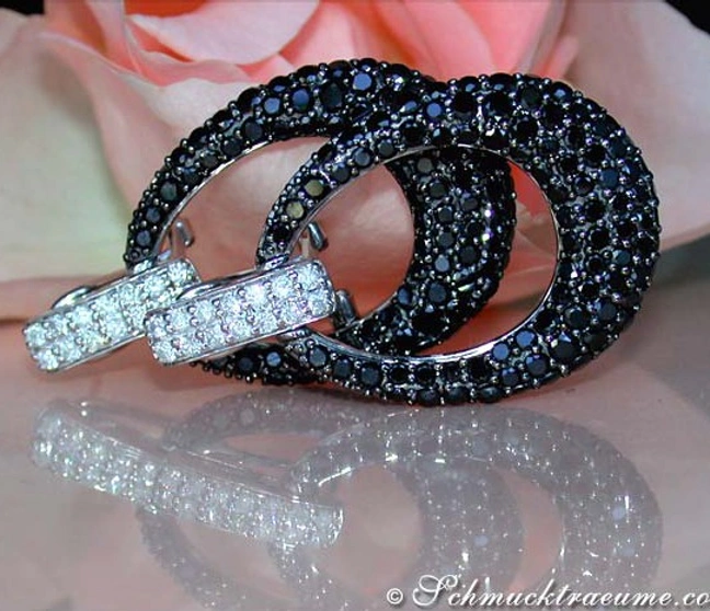 Schwarz-weiße Diamant-Ohrgehänge auf Rosenblüte, elegantes Design, Detailaufnahme Schwarz-weiße Diamant-Ohrgehänge auf Rosenblüte, elegantes Design, Detailaufnahme