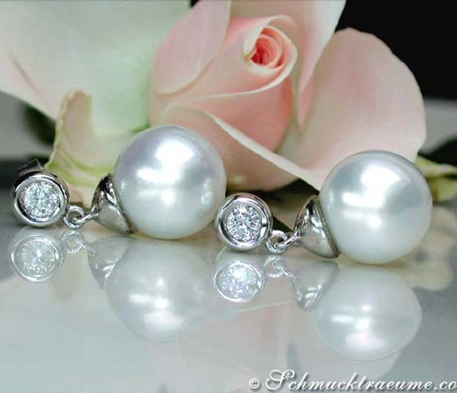 Weißgold-Ohrringe mit Perlen und Brillanten vor Rosenblüte Weißgold-Ohrringe mit Perlen und Brillanten vor Rosenblüte