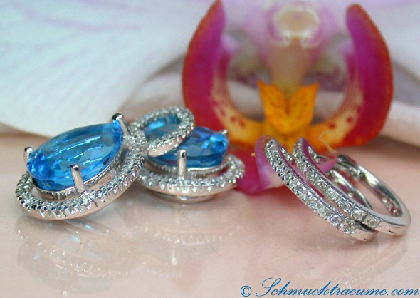 Blautopas-Ohrstecker mit Diamanten, detailreiches Design, weißgold 585