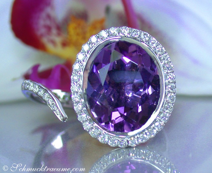 Weißgoldring mit Amethyst und Brillanten, Detailaufnahme, Blütenhintergrund