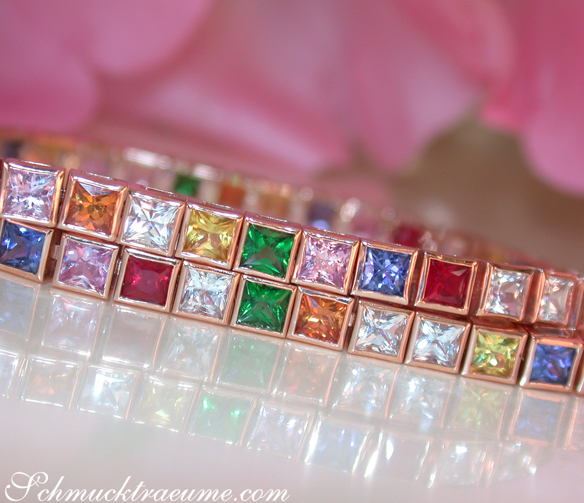 Prinzessenschliff-Saphir-Armband mit Multicolor-Steinen auf Roségold 585
