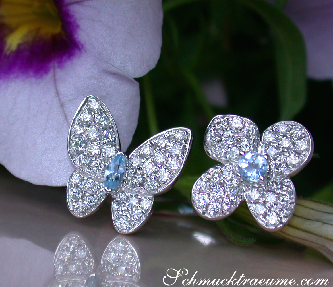 Blütenförmige Brillant-Ohrringe mit Aquamarin und Diamantbesatz