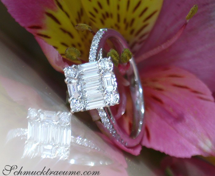Blauer Brillant-Carré-Ring mit Baguette-Diamanten auf Blüte, Weißgold 750