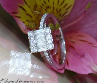 Blauer Brillant-Carré-Ring mit Baguette-Diamanten auf Blüte, Weißgold 750