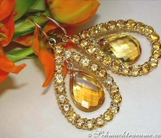 Prächtige Citrin-Ohrhänger mit 12.600 Karat, Gelbgold 585, umgeben von Blumen