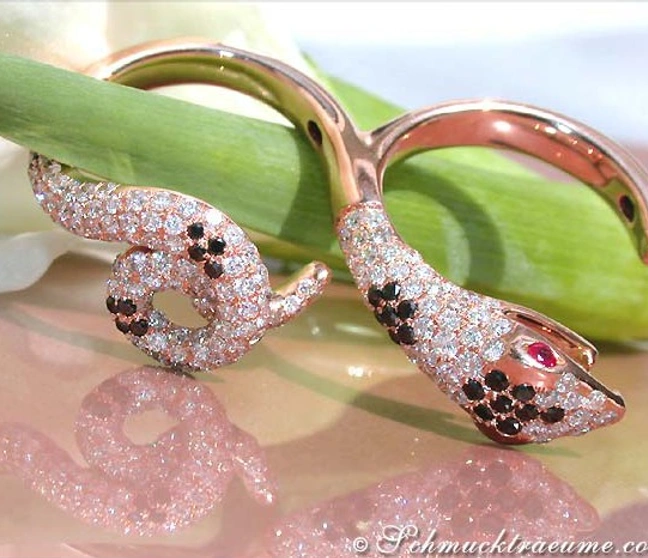 Detailaufnahme des exklusiven Schlangen-Doppelringes mit Brillanten und Rubinen Detailaufnahme des exklusiven Schlangen-Doppelringes mit Brillanten und Rubinen