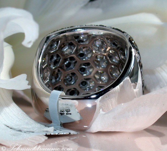Detail des prächtigen Rings mit schwarzen und naturbraunen Diamanten in Weißgold
