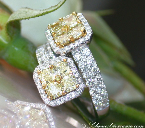 Detailansicht eines gelben Diamanten-Rings mit Brillanten in Weißgold 750