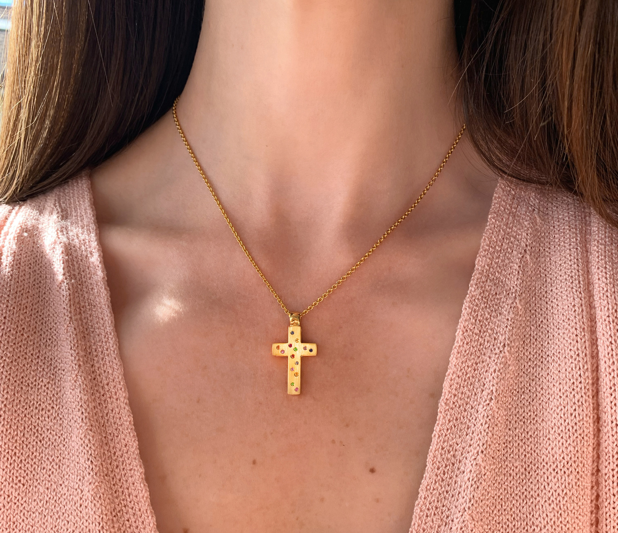 Goldkette mit Wende-Kreuz-Anhänger aus Gelbgold 750, detailreich, farbenfrohe Steine.