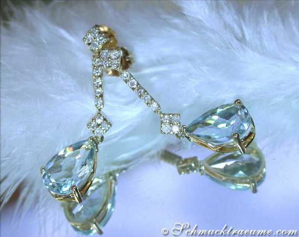 Aquamarin-Tropfen-Ohrringe aus Gelbgold 585 mit Diamanten