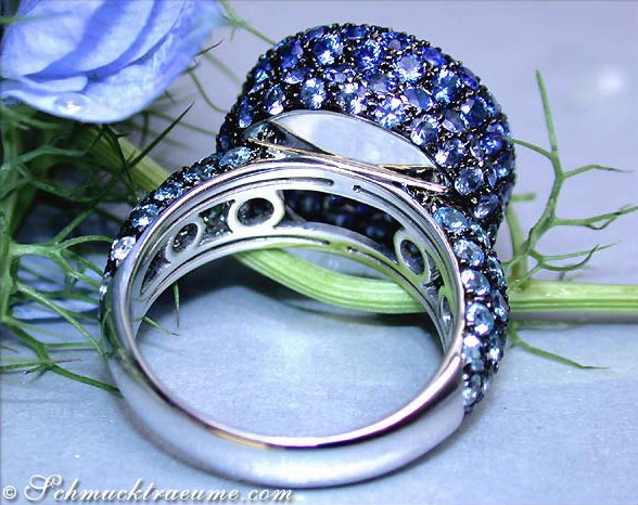 Weißgoldring mit blauen Saphiren und Perlen, Detailaufnahme, elegant und luxuriös