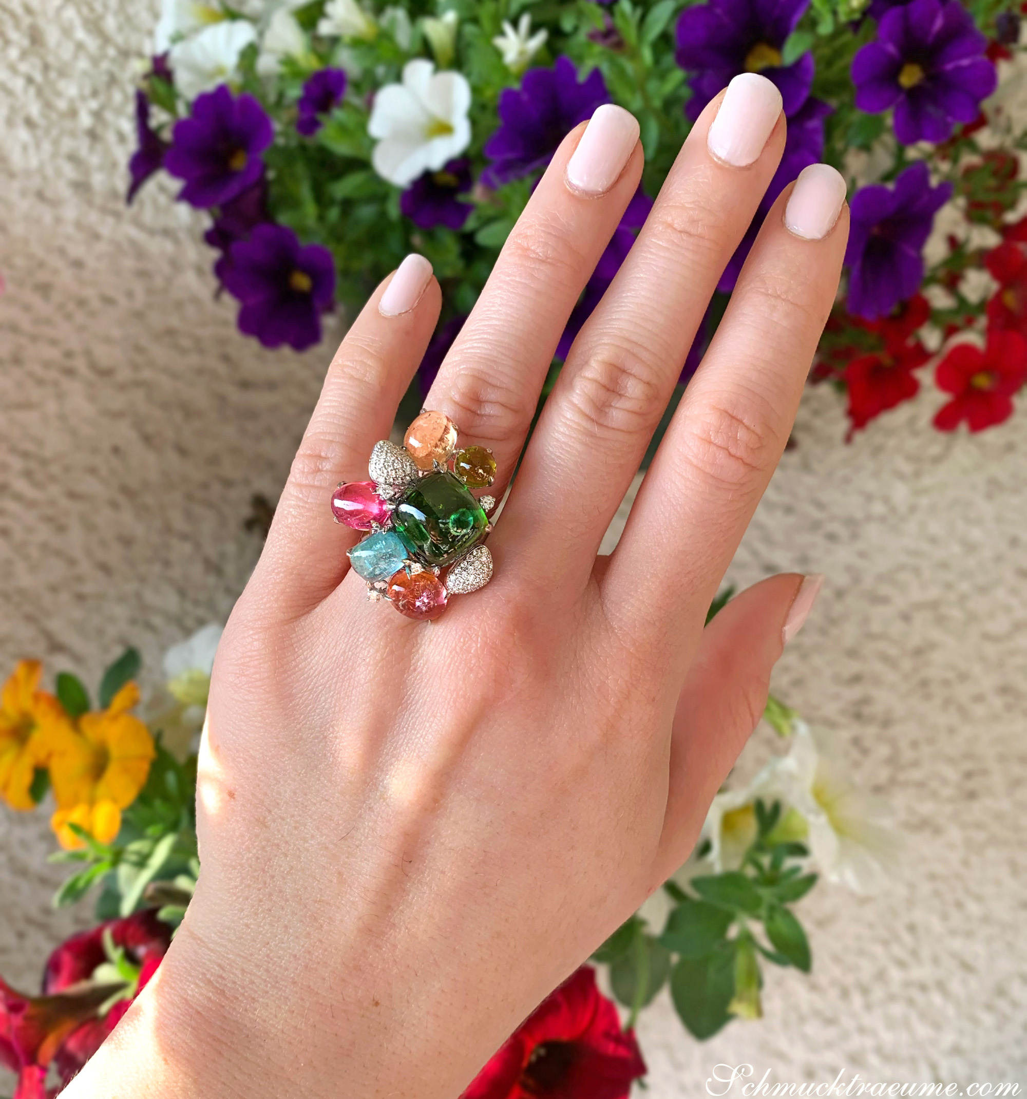 Unikat: Spektakulärer Multicolor Turmalin Ring mit Brillanten in Weißgold 750