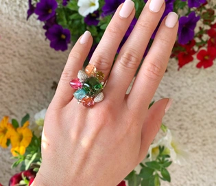 Unikat: Spektakulärer Multicolor Turmalin Ring mit Brillanten in Weißgold 750