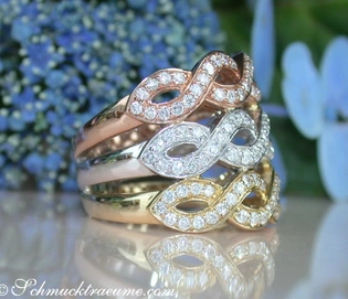 3er-Diamantring in Weiß-, Rosé- & Gelbgold mit funkelnden Steinen