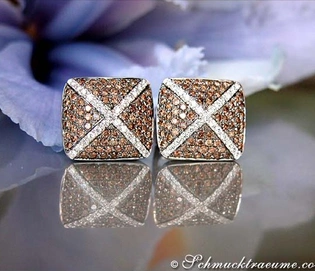 Weißgold-Ohrstecker mit braunen und weißen Brillanten, detailreich, auf glänzender Oberfläche, Blütenhintergrund.