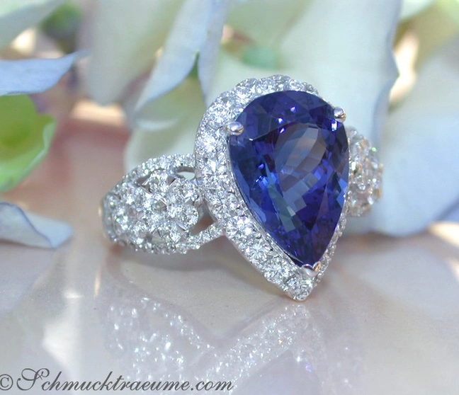 Weißgold 750 Tansanit-Ring mit Diamanten, Detailaufnahme, elegant, Blütenhintergrund. Weißgold 750 Tansanit-Ring mit Diamanten, Detailaufnahme, elegant, Blütenhintergrund.