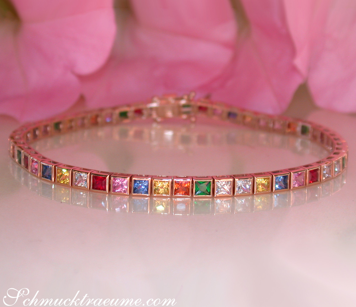 Prachtvolles Multicolor-Saphir-Armband mit Princess-Schliff, Roségold 585