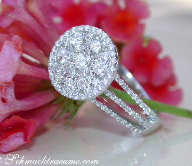 Flacher Brillantenring mit 1.600 Karat, TW SI1, Weißgold 750, Detailaufnahme auf Blumenhintergrund Flacher Brillantenring mit 1.600 Karat, TW SI1, Weißgold 750, Detailaufnahme auf Blumenhintergrund