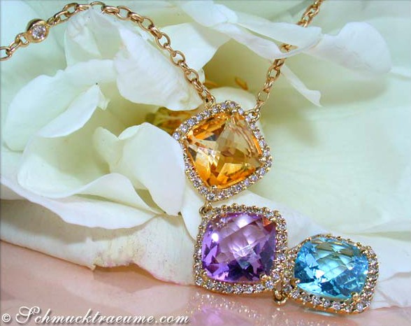 Multicolor Edelstein-Halskette mit Diamanten, Gelbgold 750, detailreich, vor Blüte